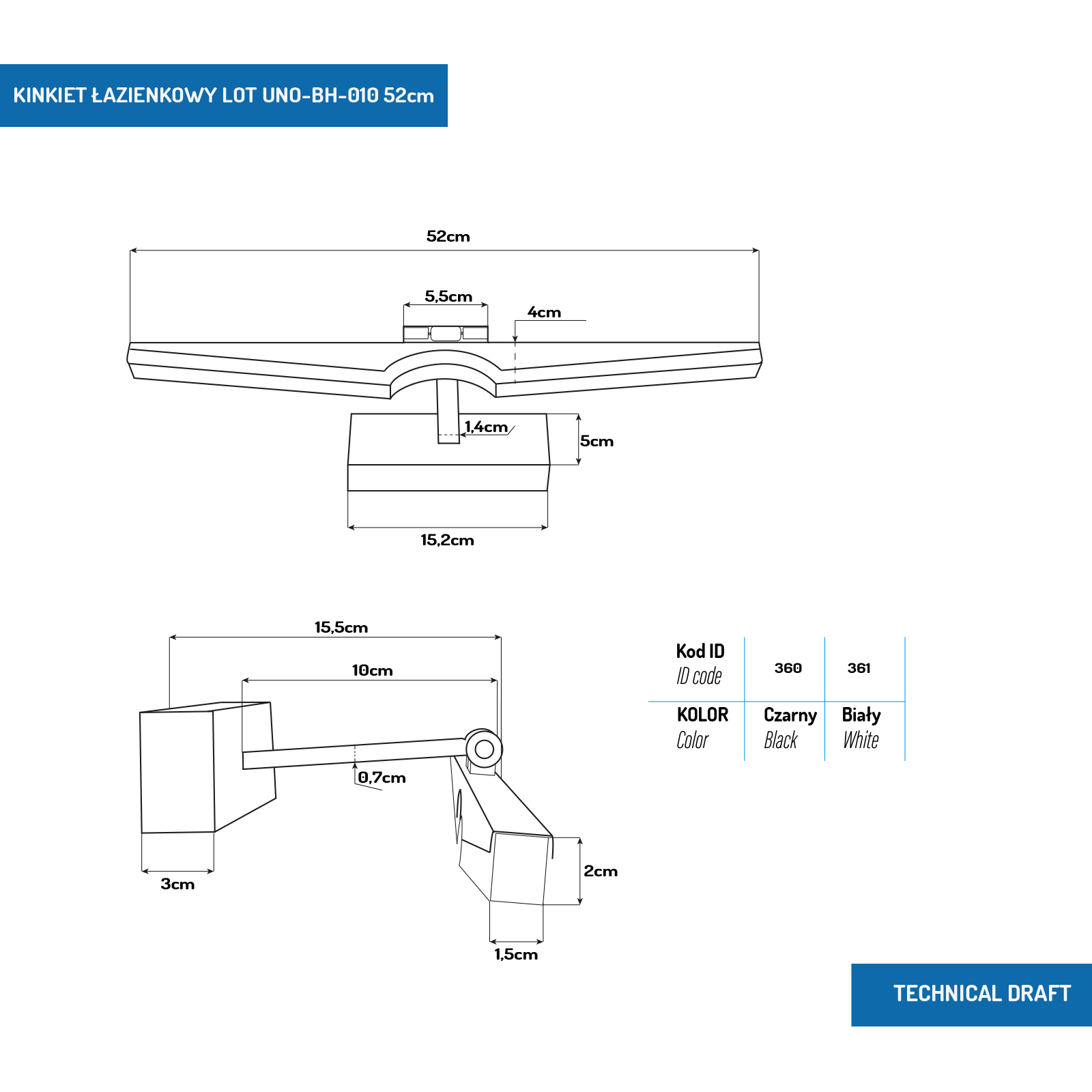 KINKIET ŁAZIENKOWY LOT 10W 4000K 50CM CZARNY UNO-BH-010 KINKIET ŁAZIENKOWY LOT 10W 4000K 50CM CZARNY UNO-BH-010