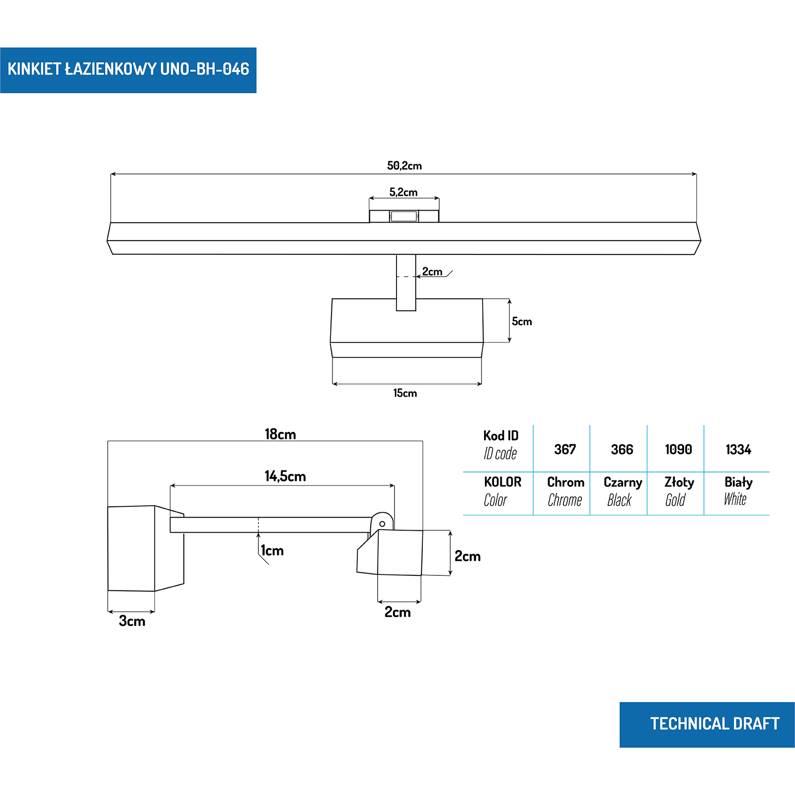 Kinkiet LED łazienkowy 50cm 12W Biały 4000K UNO-BH-046 Kinkiet LED łazienkowy 50cm 12W Biały 4000K UNO-BH-046