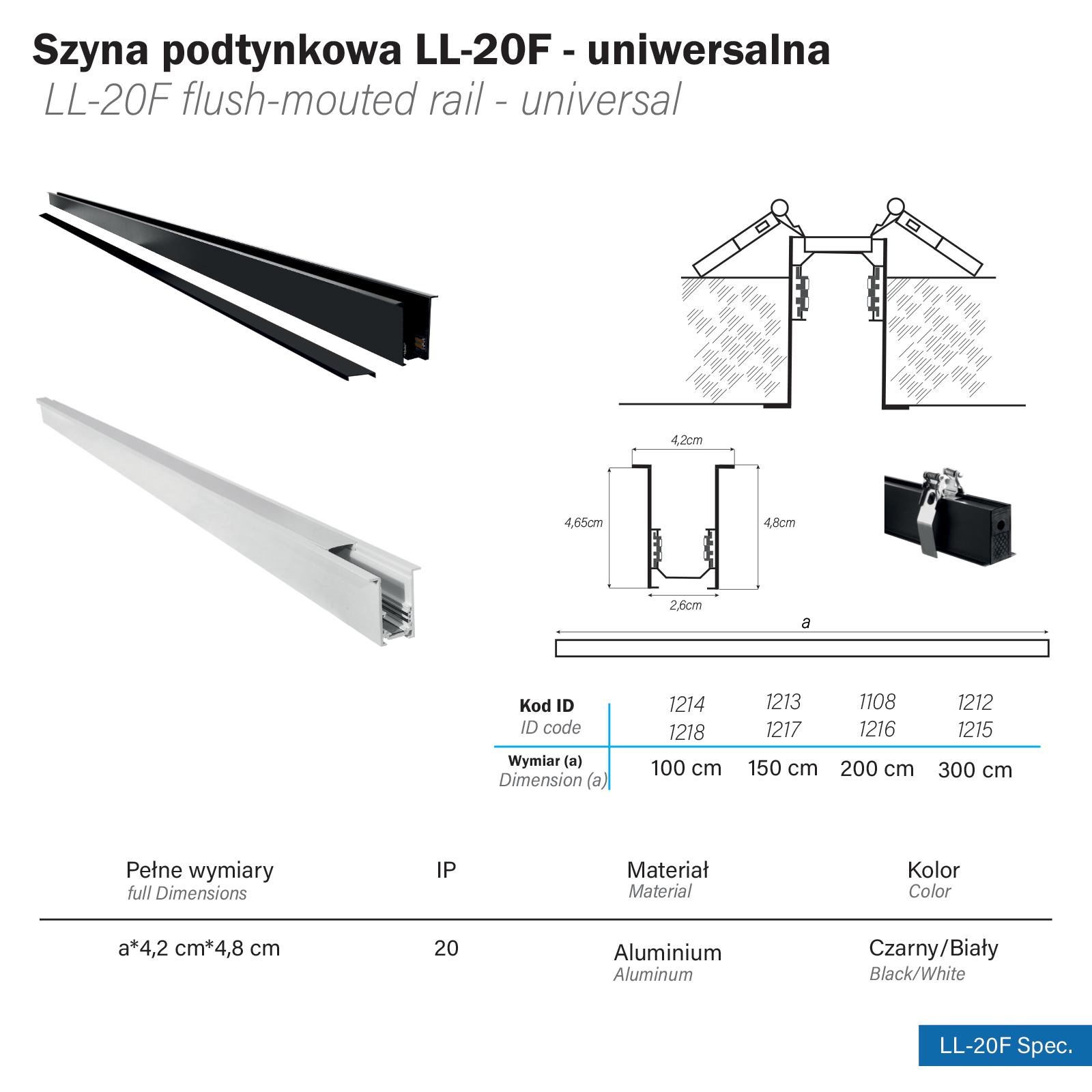 Szyna magnetyczna podtynkowa LL-20F czarna 100cm Szyna magnetyczna podtynkowa LL-20F czarna 100cm