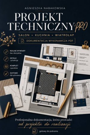 PROJEKT TECHNICZNY PDF - salon, kuchnia, wiatrołap, klatka schodowa i przedpokój - i spiżarnia - Przekroje, zabudowy, materiały, instalacje — komplet, na którym pracuje wykonawca